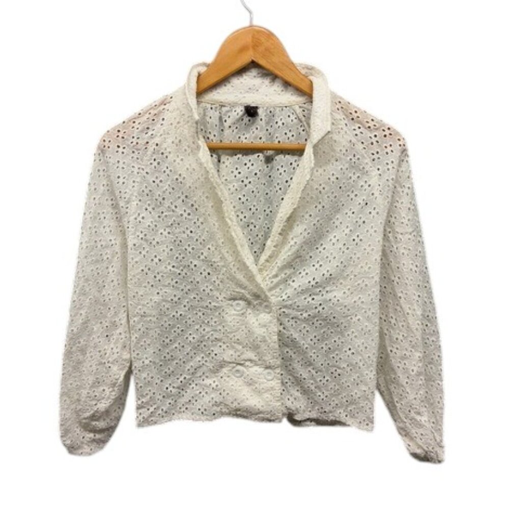 Valija Women’s M White Eyelet Embroidered‎ Cotton Button Front Blouse Boho Top